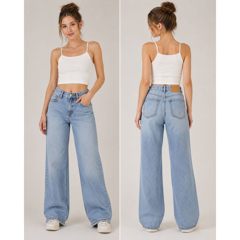 Lefties Light Wash Relaxed Fit Wide Leg Jeans High Rise Minimalist  Size EU 38